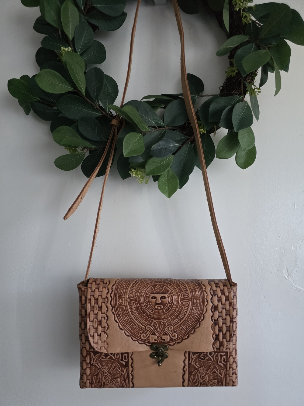 Hand-Tooled Leather Crossbody Bag in Tan with Aztec Motif